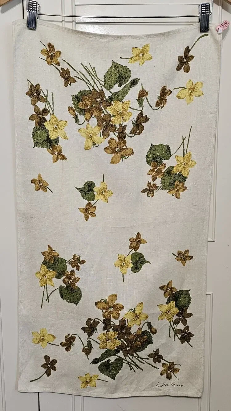 VTG Luther Travis Fallani Cohn Linen Tea Towel Retro Yellow Violet Floral MCM